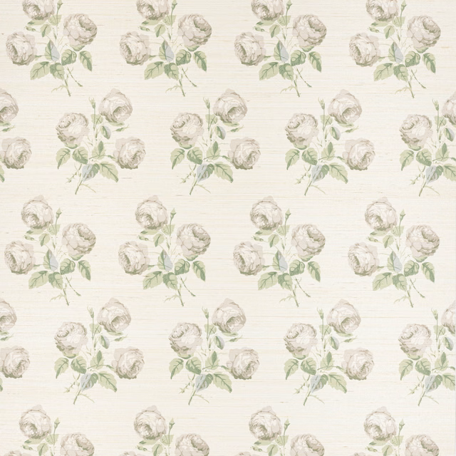 Silver-cream sisal wallpaper with muted rose bouquets and sage leaves