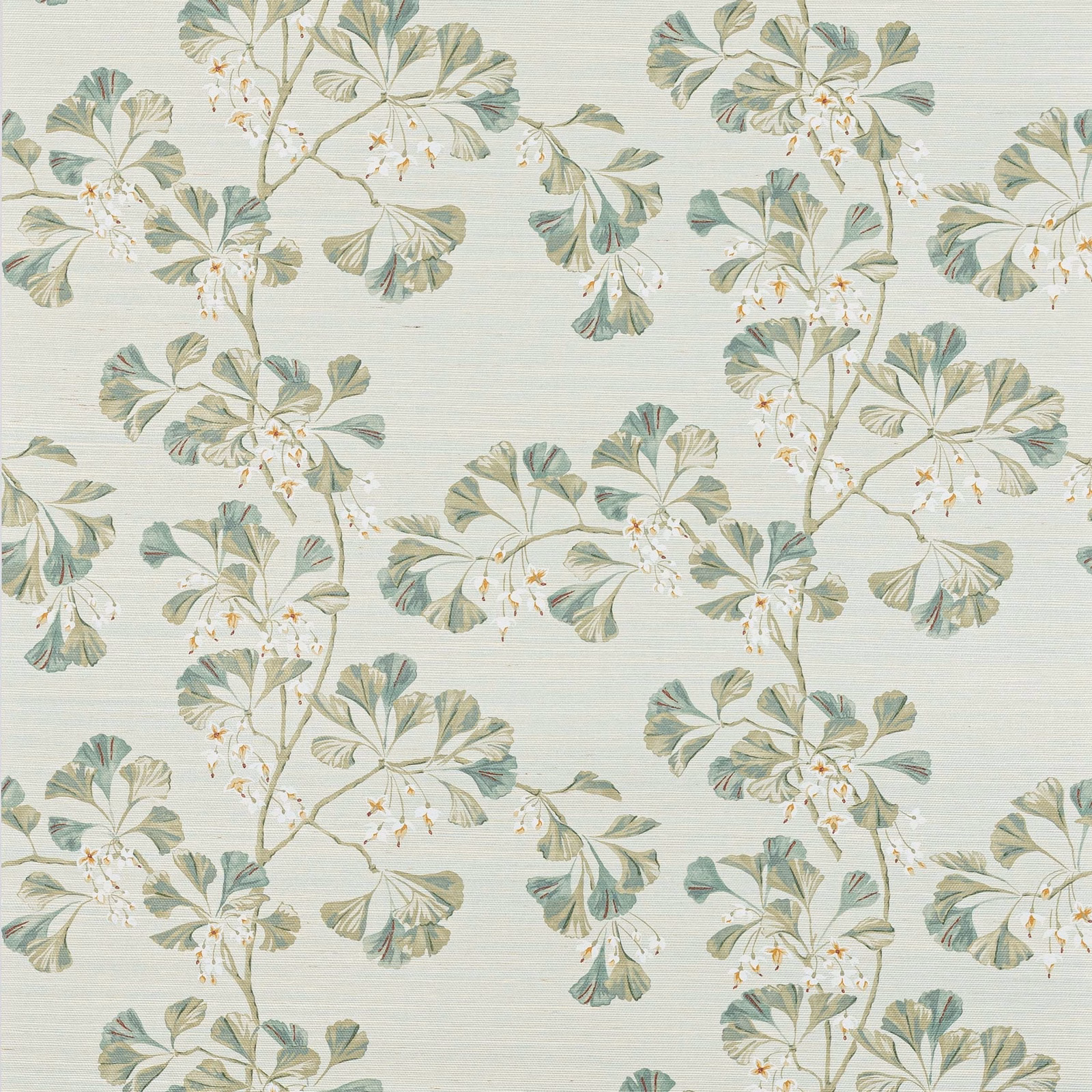 Pale aqua sisal wallpaper with muted sage fan leaves and delicate blossoms