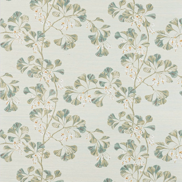Pale aqua sisal wallpaper with muted sage fan leaves and delicate blossoms