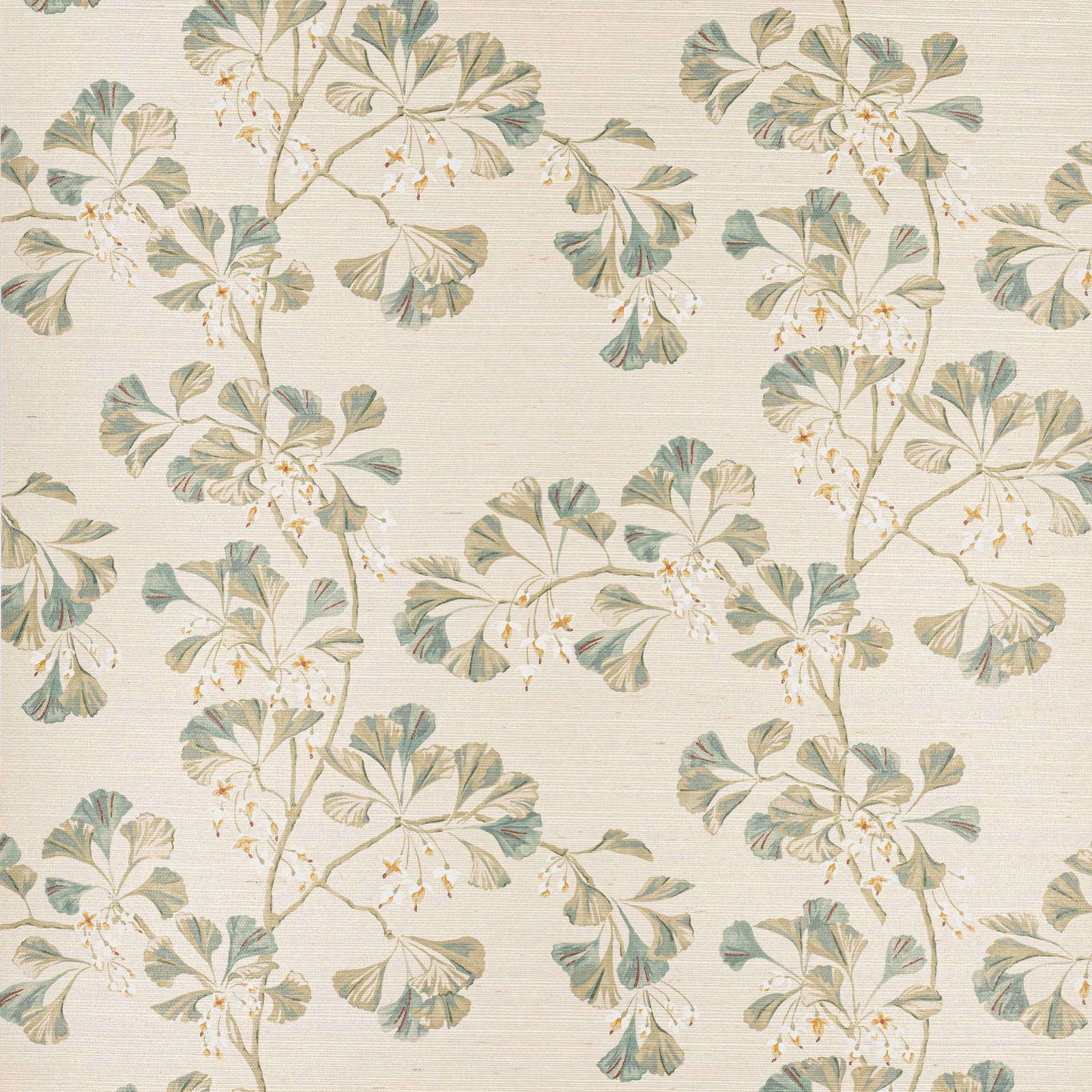 Muted sage botanical branches on textured ivory sisal wallpaper