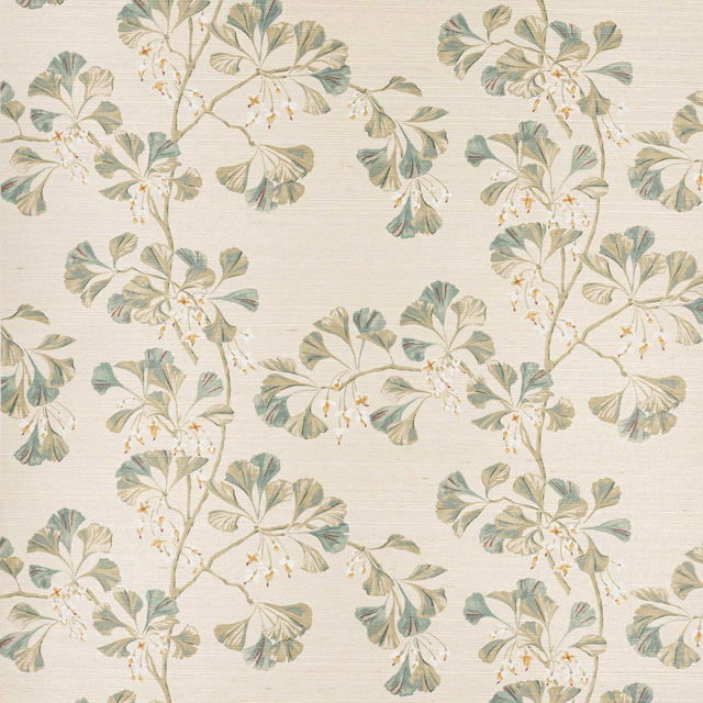 Muted sage botanical branches on textured ivory sisal wallpaper