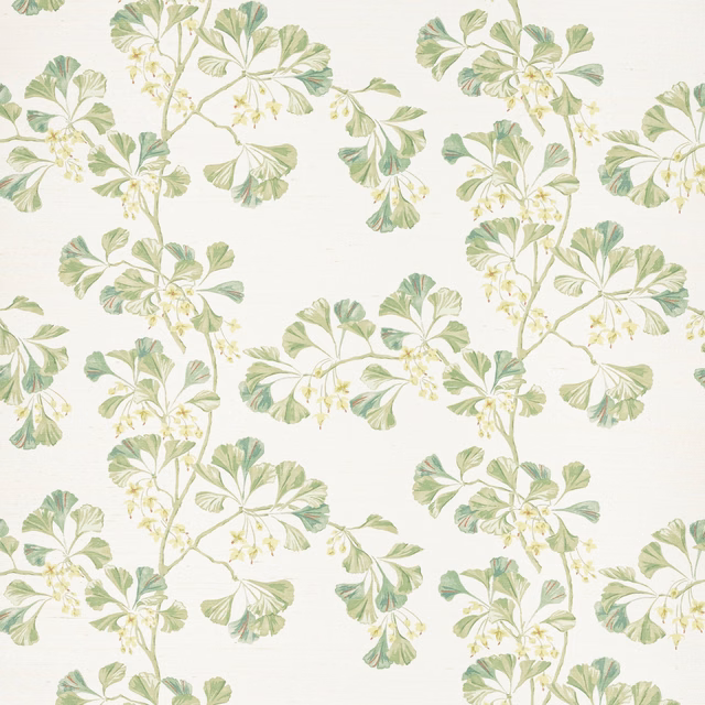 Pale lime green sisal wallpaper with sage fan leaves and tiny flowers on ivory