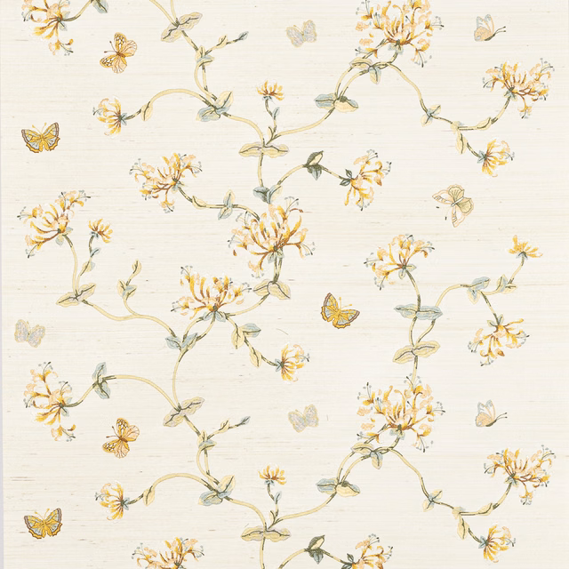 Warm ivory wallpaper with golden honeysuckle sprays, sage leaves and scattered butterflies