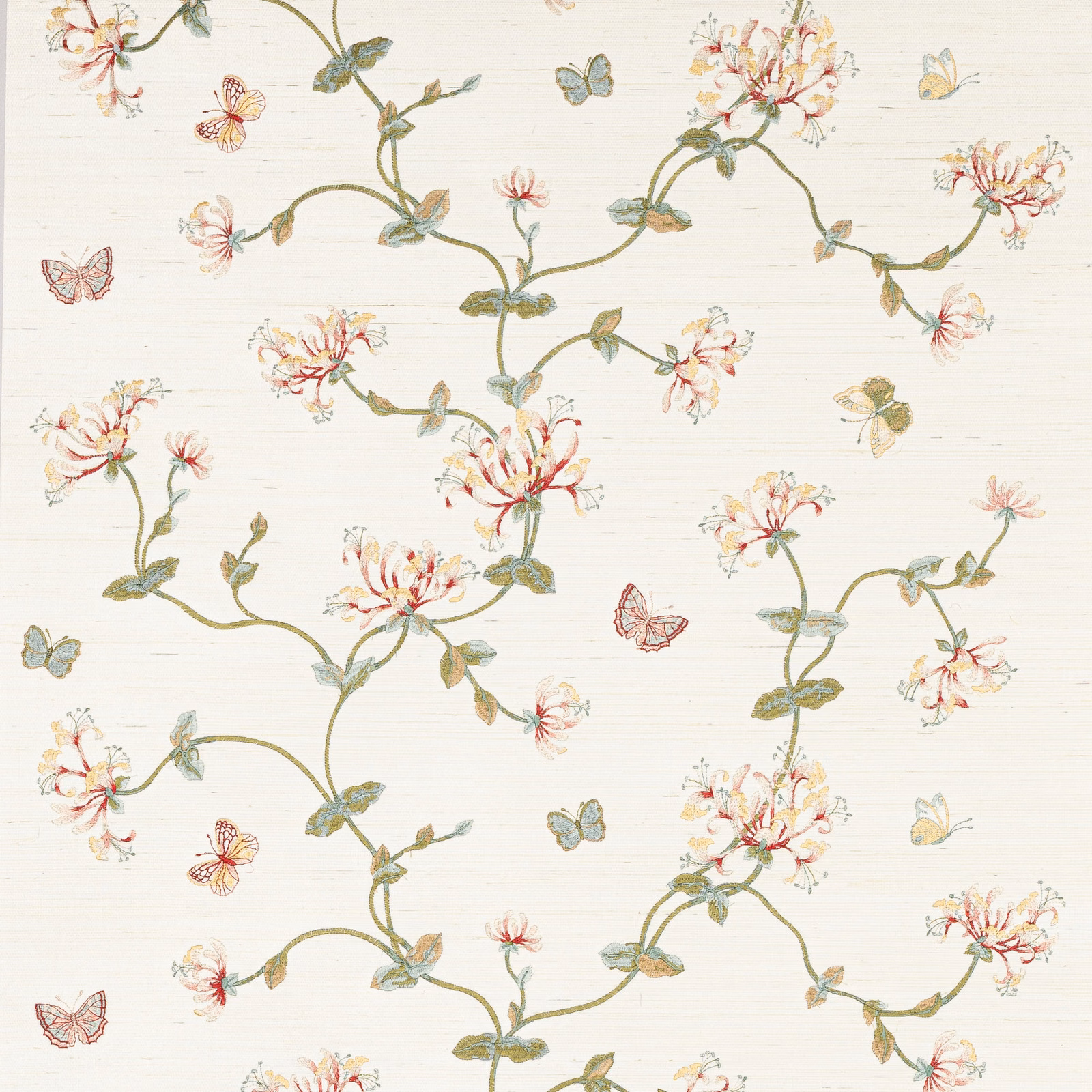 Cream sisal wallpaper with pink honeysuckle, sage leaves and scattered pastel butterflies