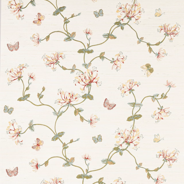 Cream sisal wallpaper with pink honeysuckle, sage leaves and scattered pastel butterflies