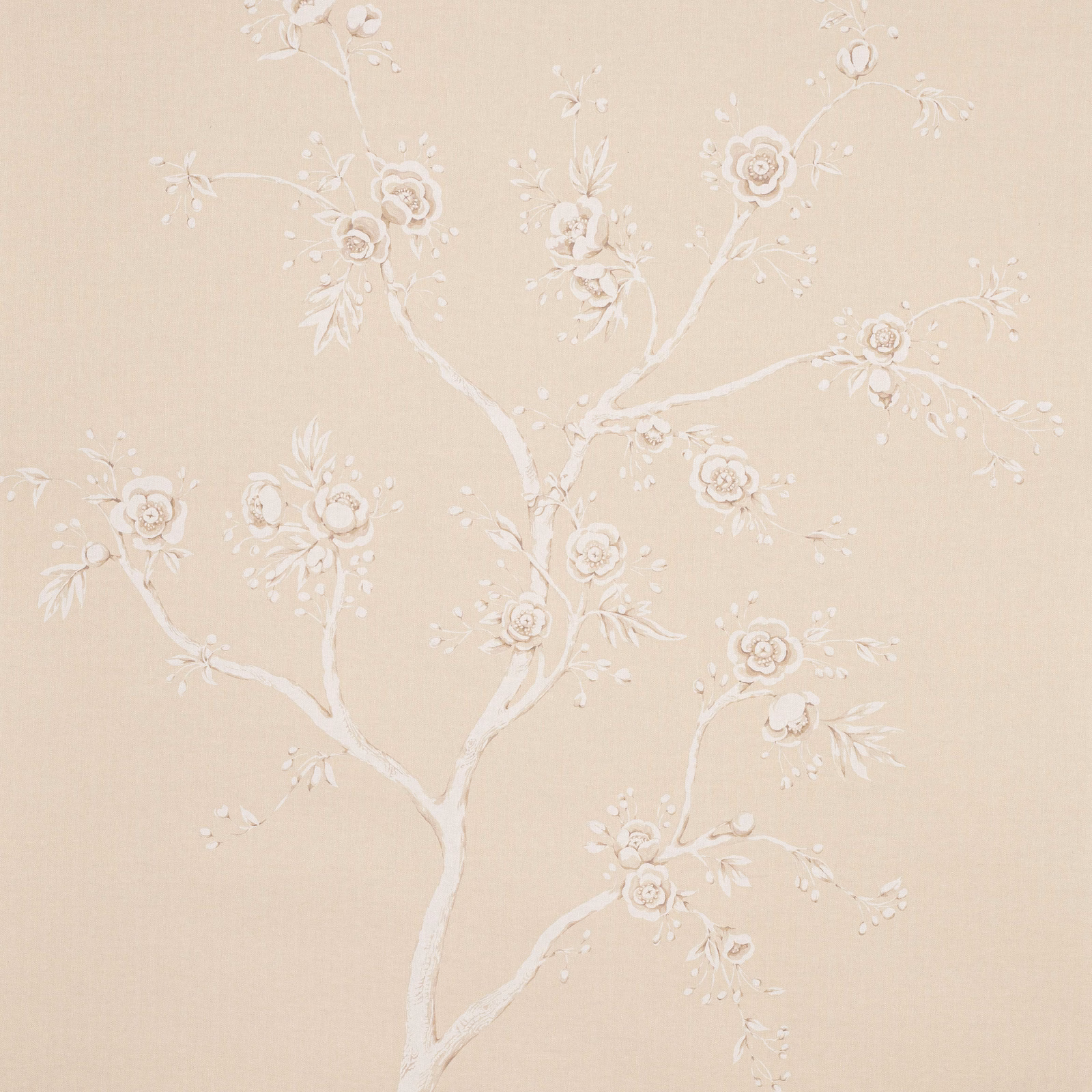 Warm beige wallcovering with ivory flowering branches and a subtle linen texture