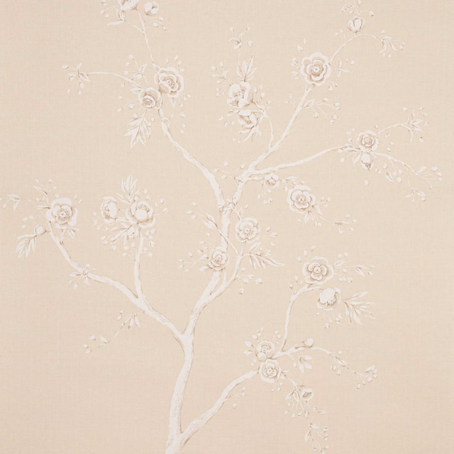 Warm beige wallcovering with ivory flowering branches and a subtle linen texture