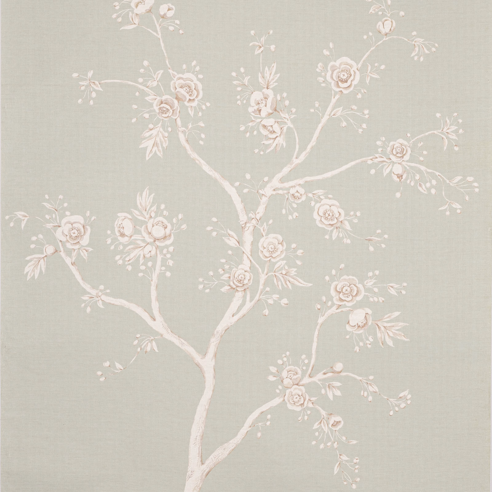Pale celadon wallpaper with ivory flowering branches and blush floral clusters