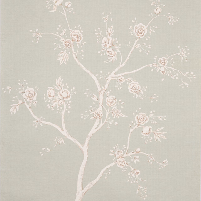 Pale celadon wallpaper with ivory flowering branches and blush floral clusters