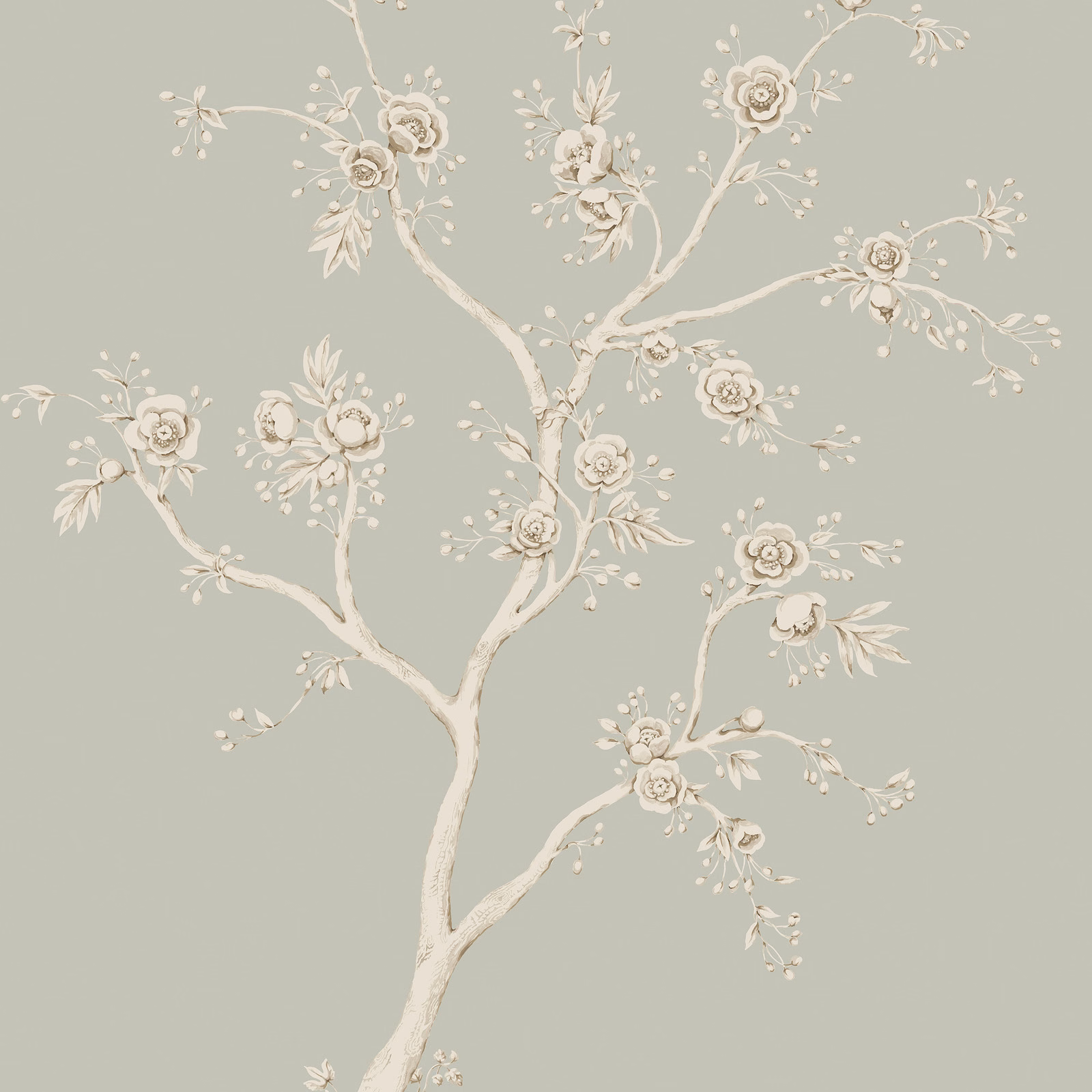 Muted old-blue wallcovering with cream flowering branches and delicate leaves