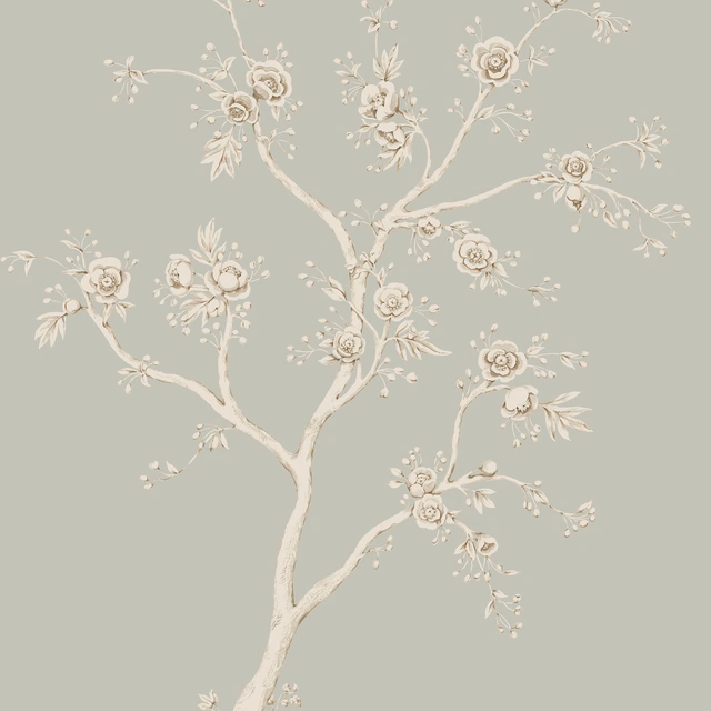 Muted old-blue wallcovering with cream flowering branches and delicate leaves