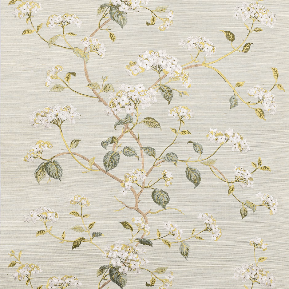 Pale celadon wallpaper with white blossom sprays, olive leaves and fine horizontal texture