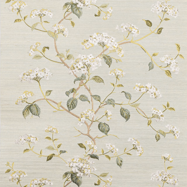 Pale celadon wallpaper with white blossom sprays, olive leaves and fine horizontal texture