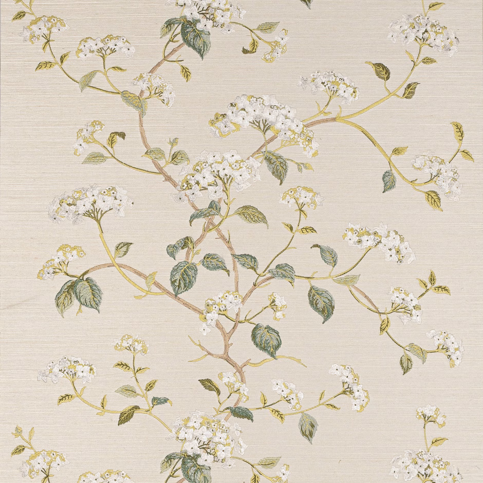 Ivory botanical wallpaper with white blossom branches, olive leaves and fine horizontal texture