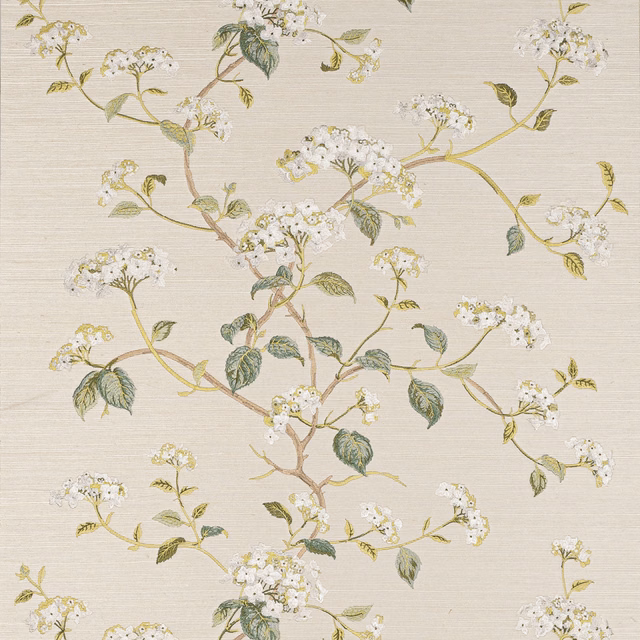 Ivory botanical wallpaper with white blossom branches, olive leaves and fine horizontal texture