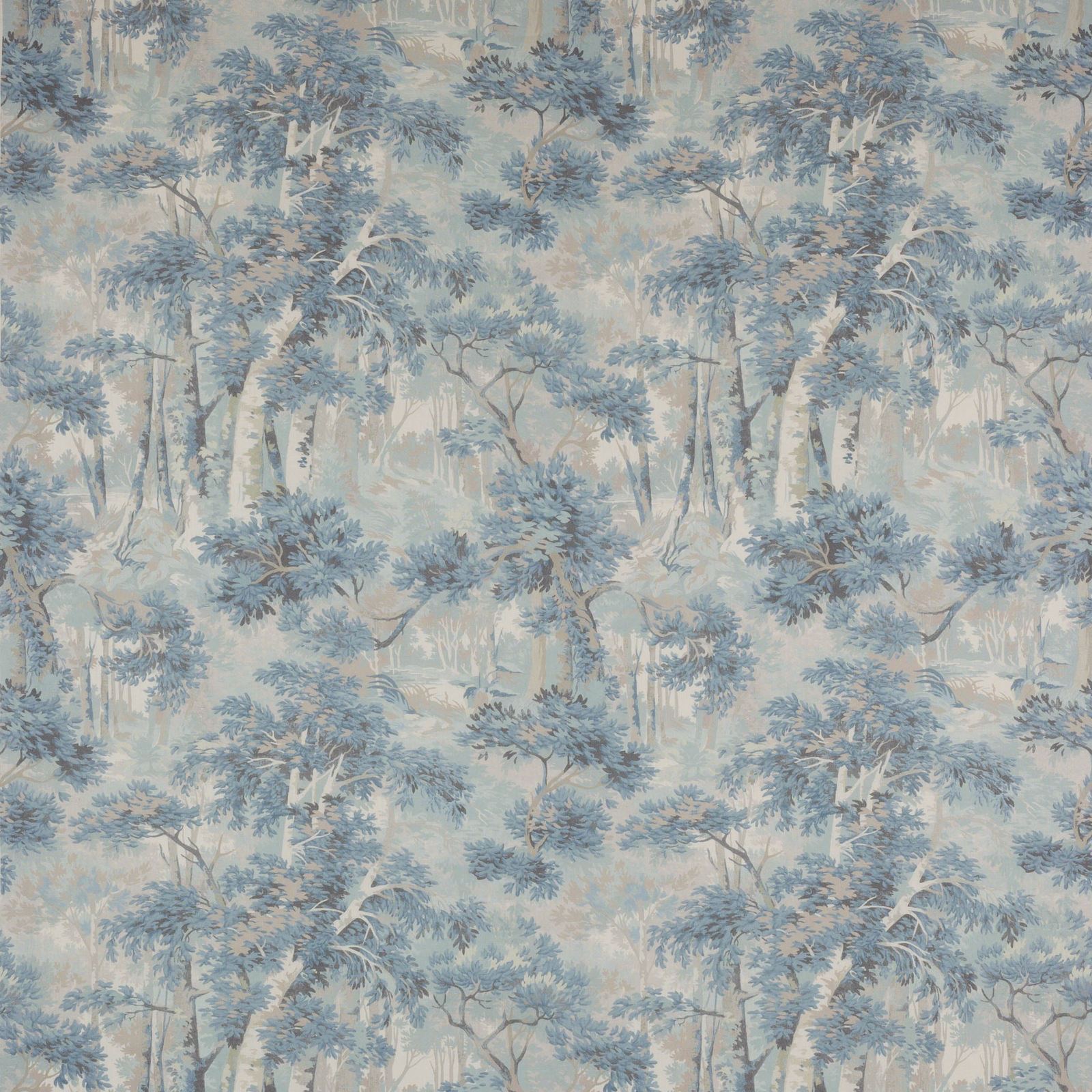 Pale blue woodland scene on a cream linen ground with soft tree motif