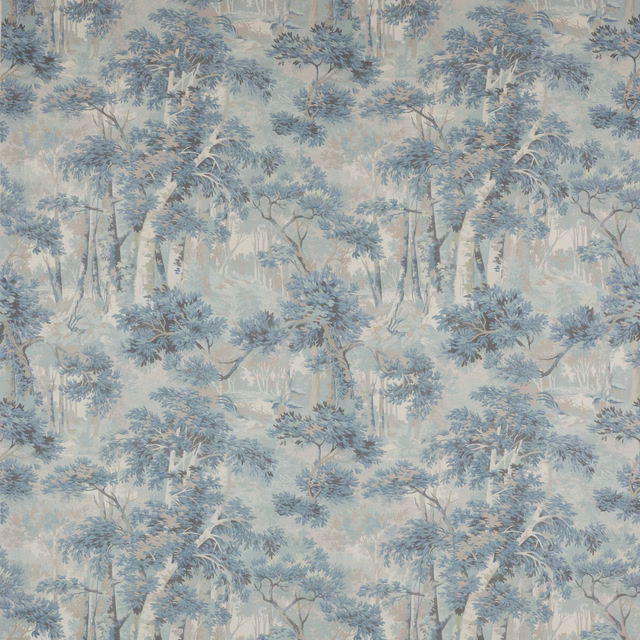 Pale blue woodland scene on a cream linen ground with soft tree motif