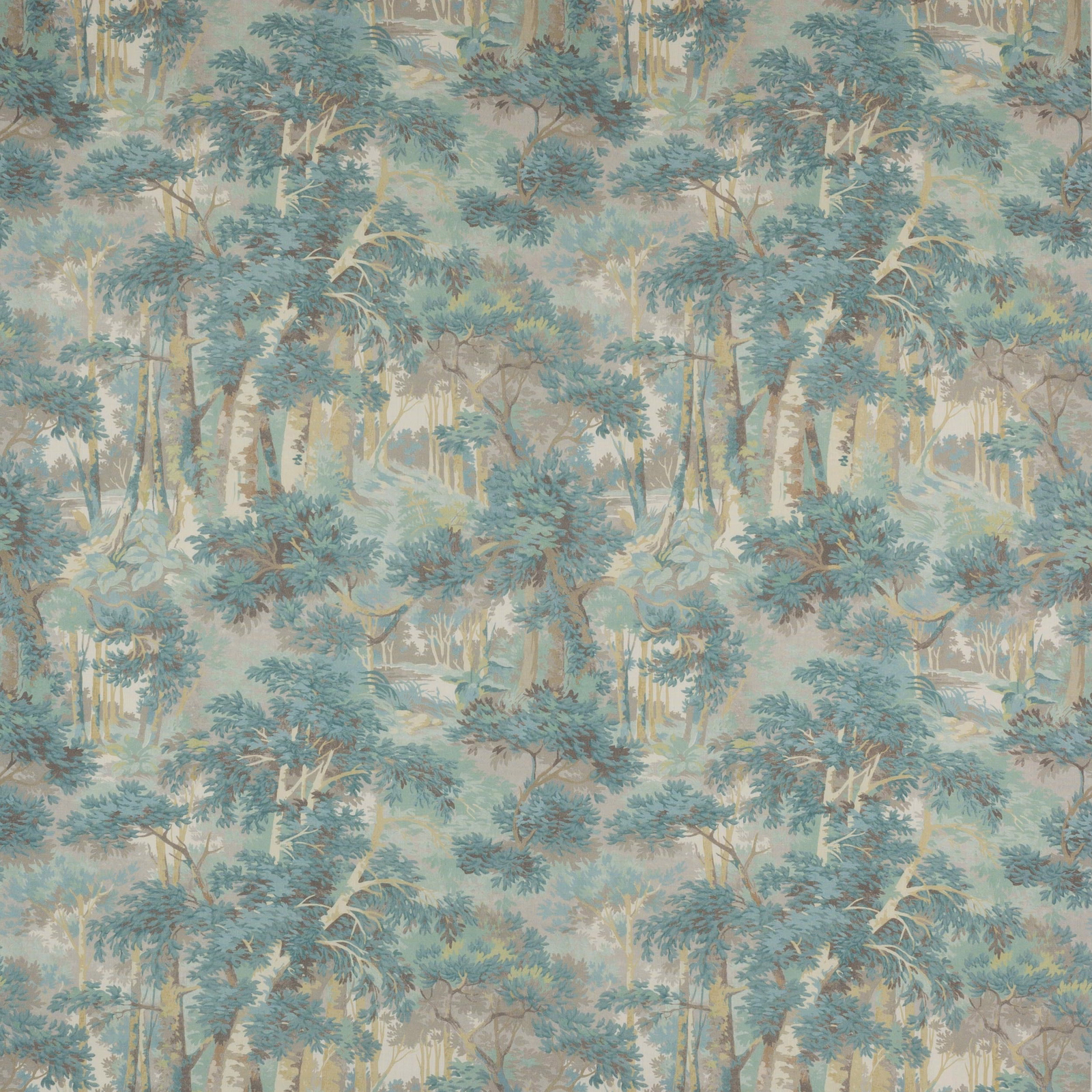 Woodland print fabric with muted forest green trees on a pale linen ground