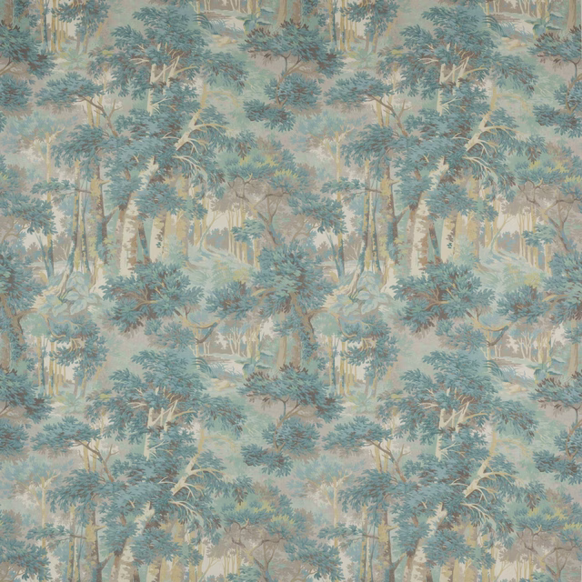 Woodland print fabric with muted forest green trees on a pale linen ground