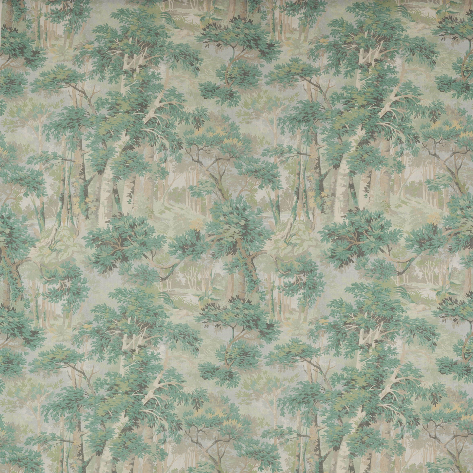 Soft sage green treescape linen fabric with pale woodland ground and leafy repeat