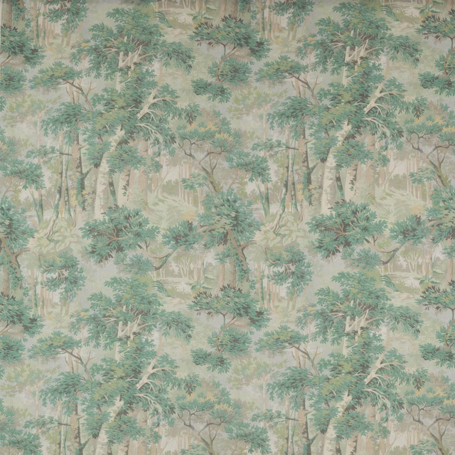 Soft sage green treescape linen fabric with pale woodland ground and leafy repeat
