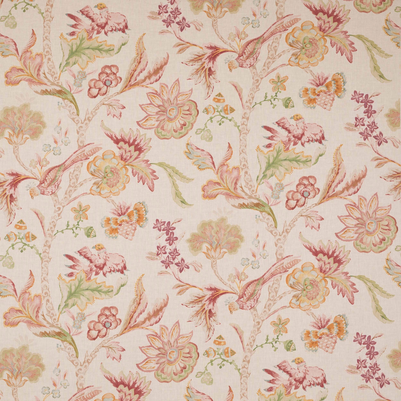 Cream linen fabric with large painterly floral sprays in tomato red, blush, apricot and pale green