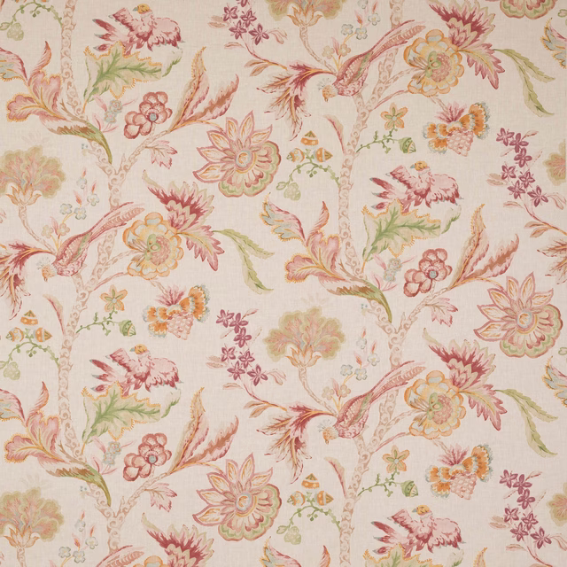 Cream linen fabric with large painterly floral sprays in tomato red, blush, apricot and pale green