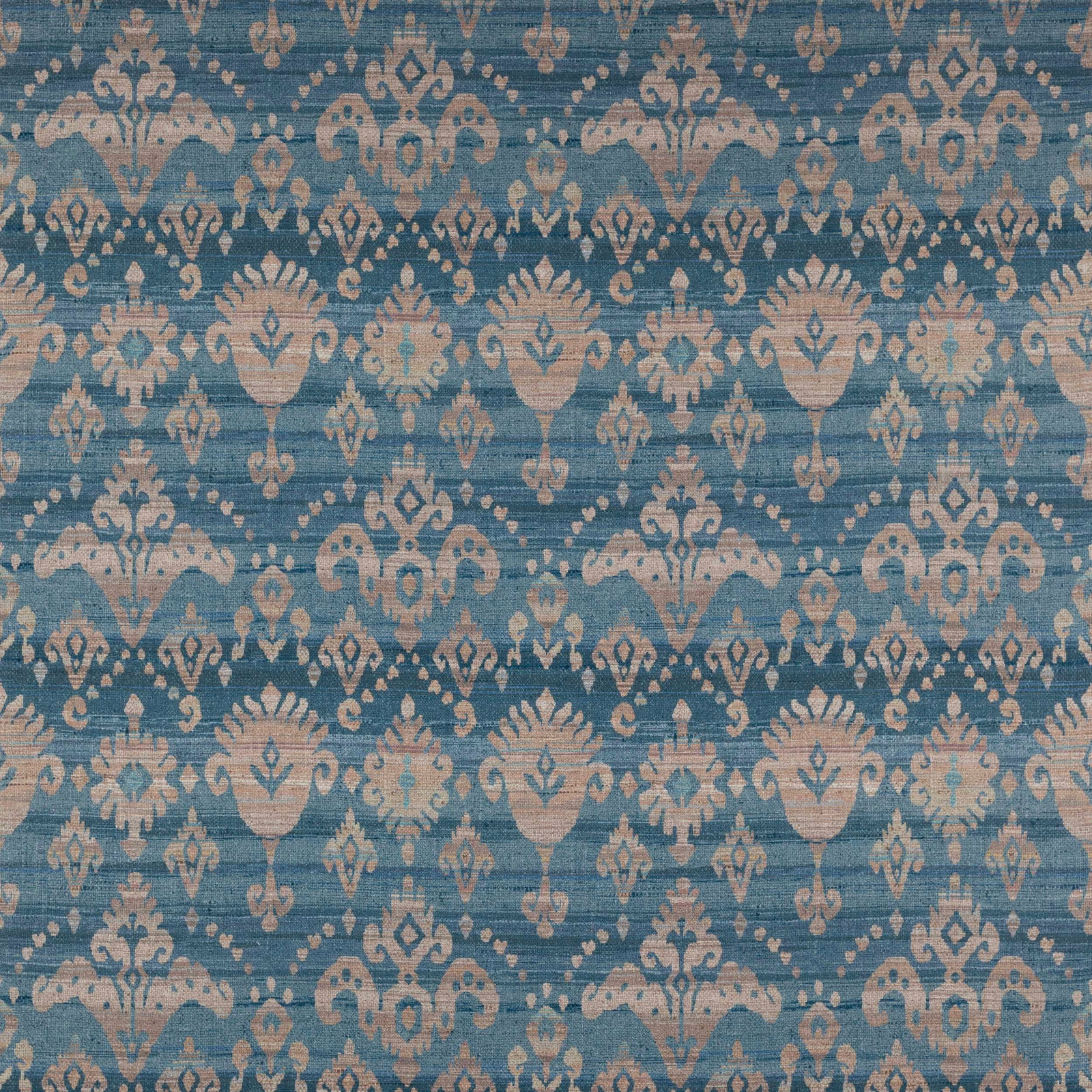 Blue-green damask fabric with pale motifs and a slubby woven texture