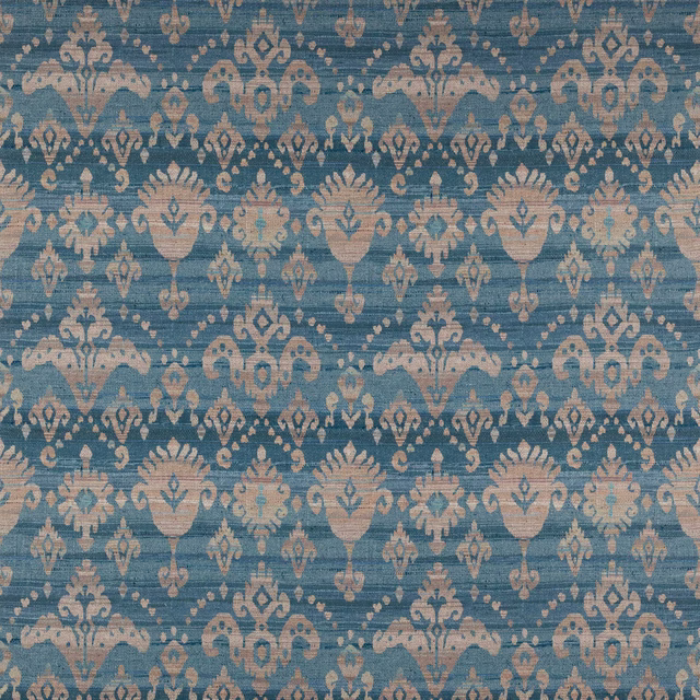 Blue-green damask fabric with pale motifs and a slubby woven texture
