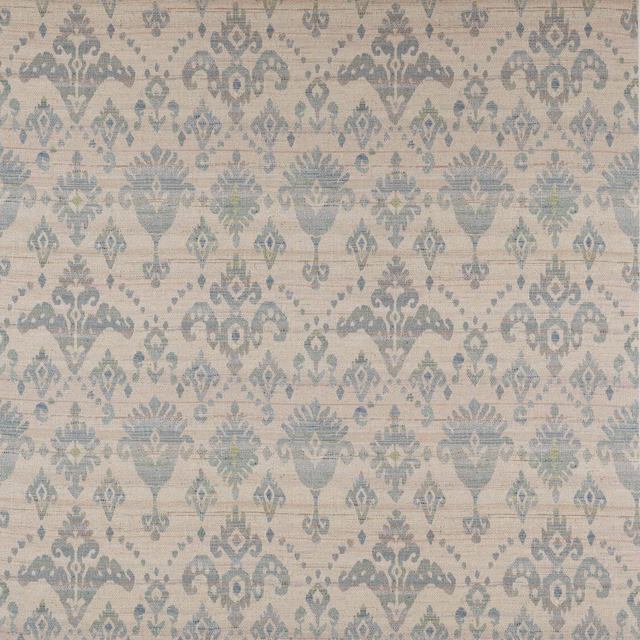 Pale damask fabric with muted old-blue motifs and a subtle slubbed texture