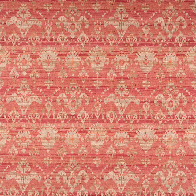 Coral red damask fabric with blush-gold motif and slubbed woven texture