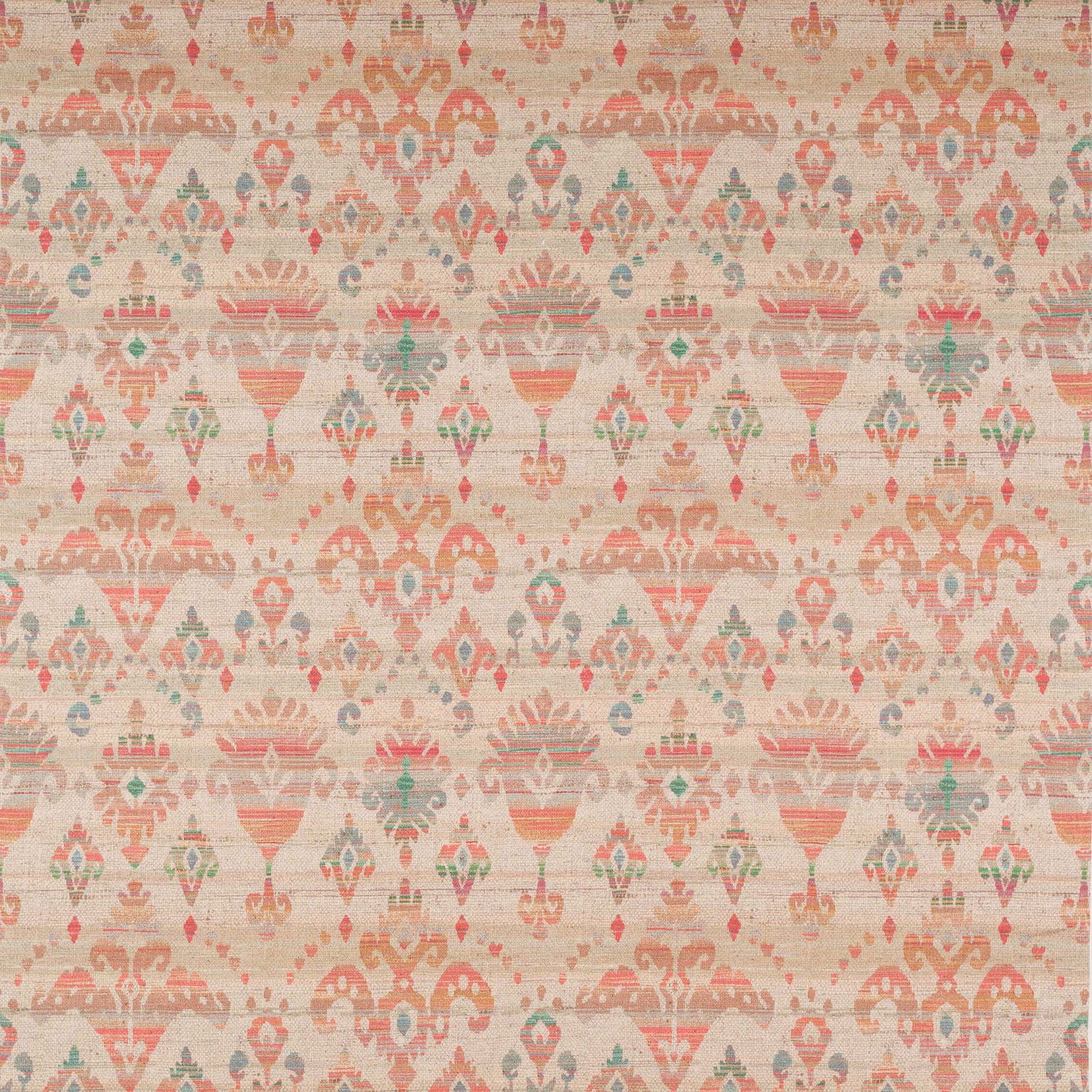 Soft coral damask fabric with muted green and aqua accents on a pale slubbed ground
