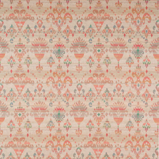 Soft coral damask fabric with muted green and aqua accents on a pale slubbed ground