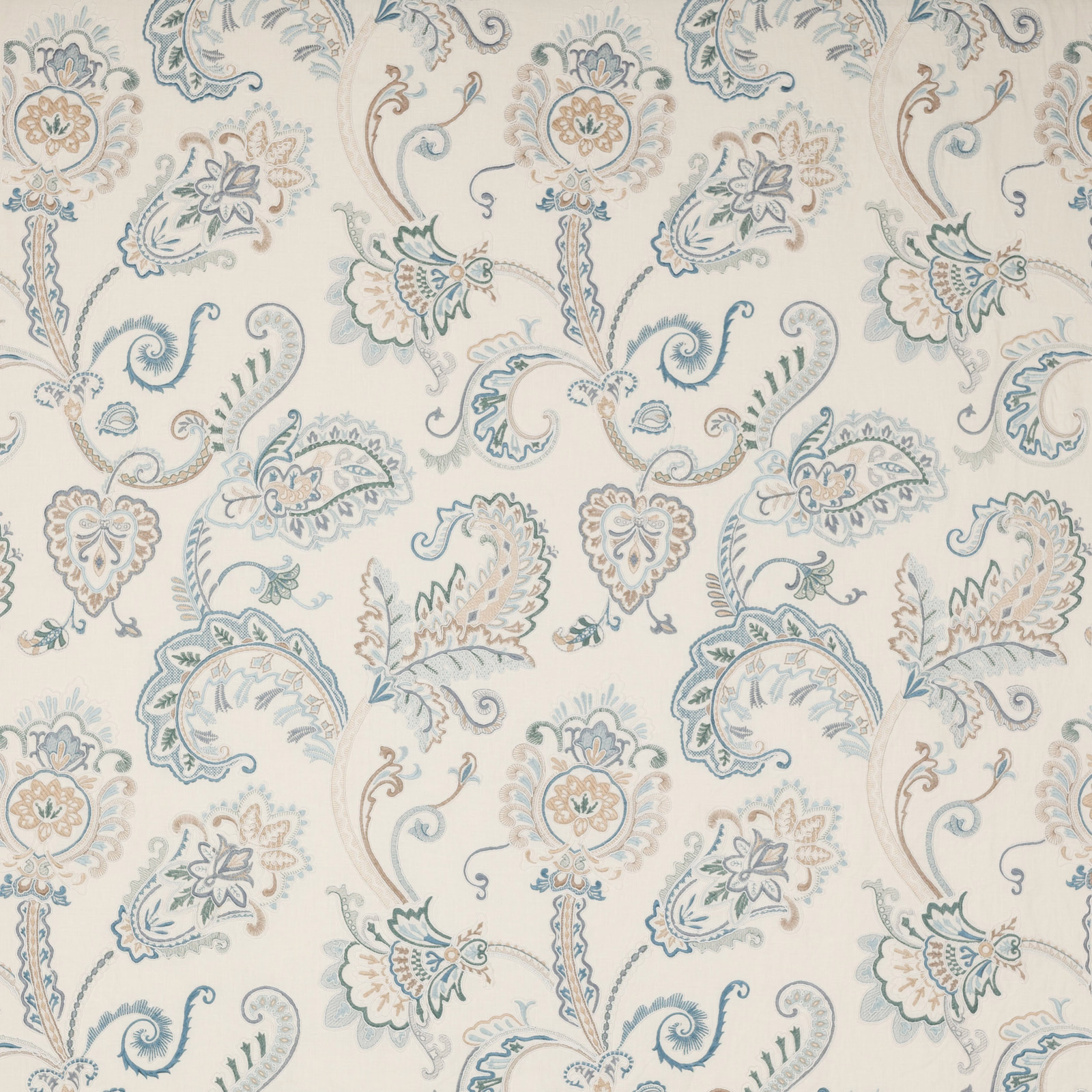 Soft blue and taupe damask-style floral fabric on a cream ground