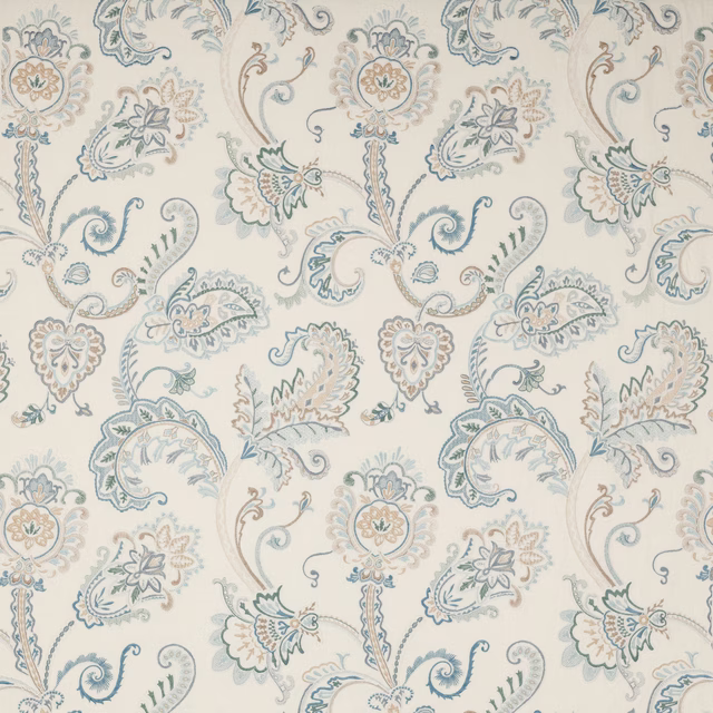 Soft blue and taupe damask-style floral fabric on a cream ground