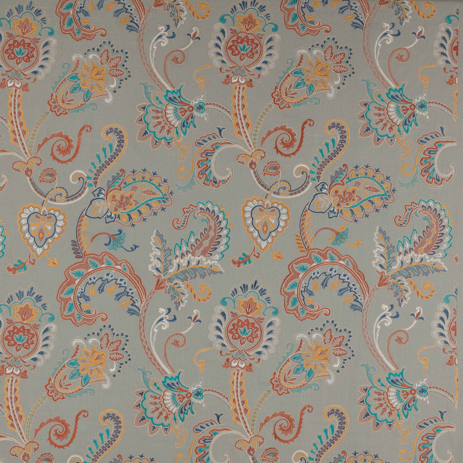 Large paisley-floral swatch on a soft dusty blue ground with coral, teal and gold accents