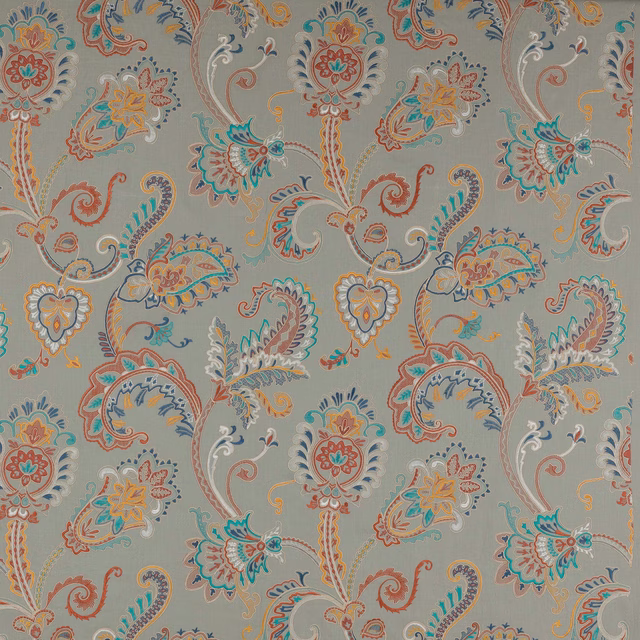 Large paisley-floral swatch on a soft dusty blue ground with coral, teal and gold accents
