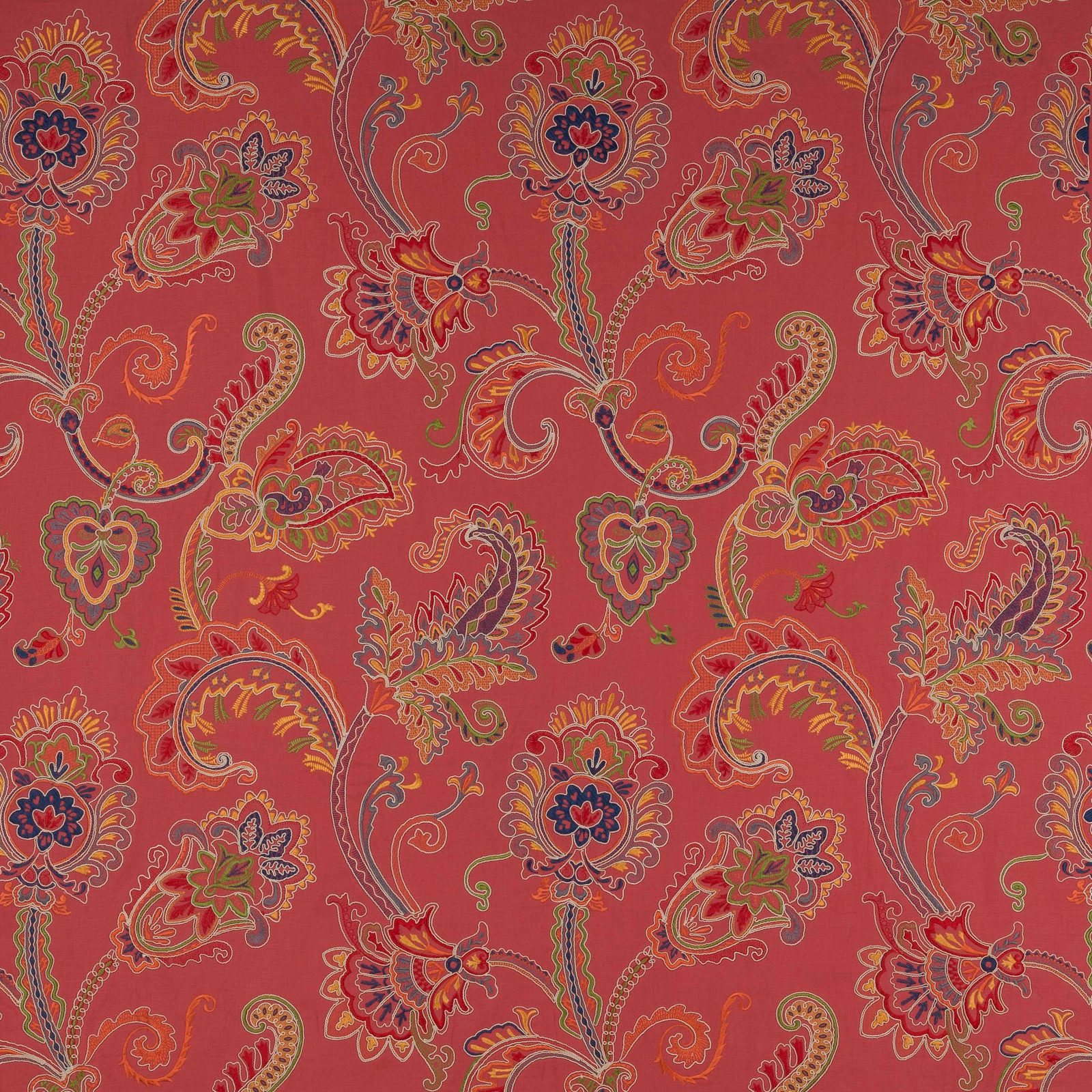 Coral-red damask fabric with multicoloured paisley scrolls and floral motifs