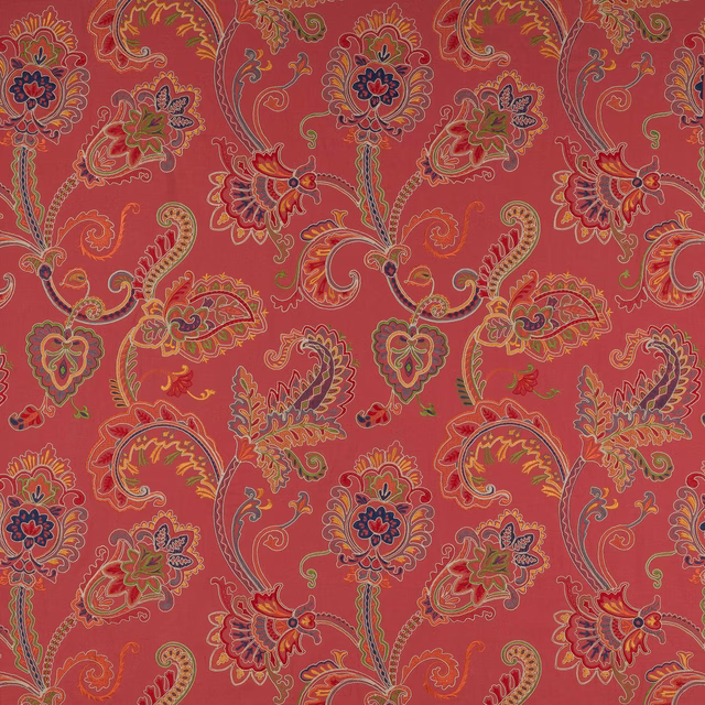 Coral-red damask fabric with multicoloured paisley scrolls and floral motifs
