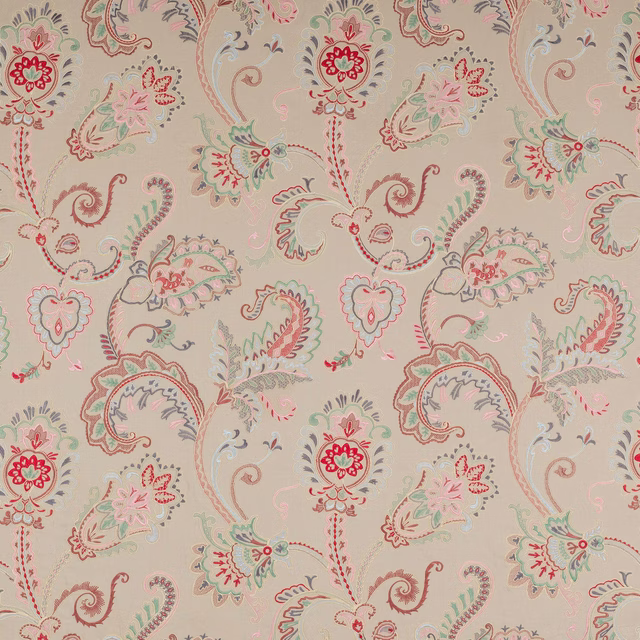 Cream patterned fabric with red, sage and blush scrolling floral motifs