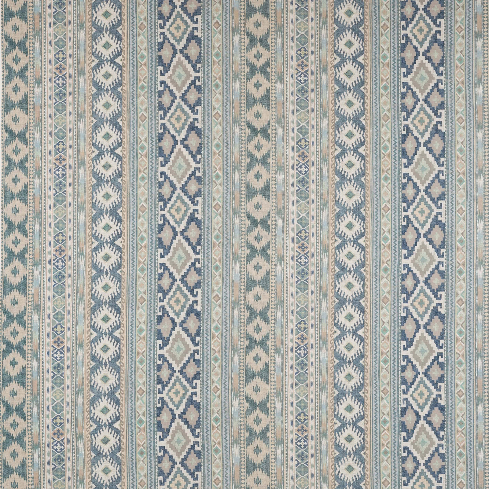 Vertical striped textile swatch in deep navy, ivory and muted sage geometric motifs
