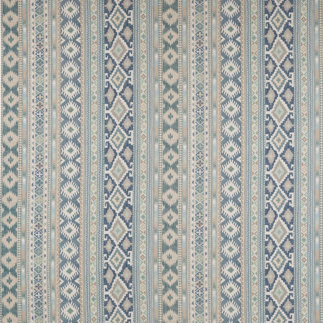 Vertical striped textile swatch in deep navy, ivory and muted sage geometric motifs