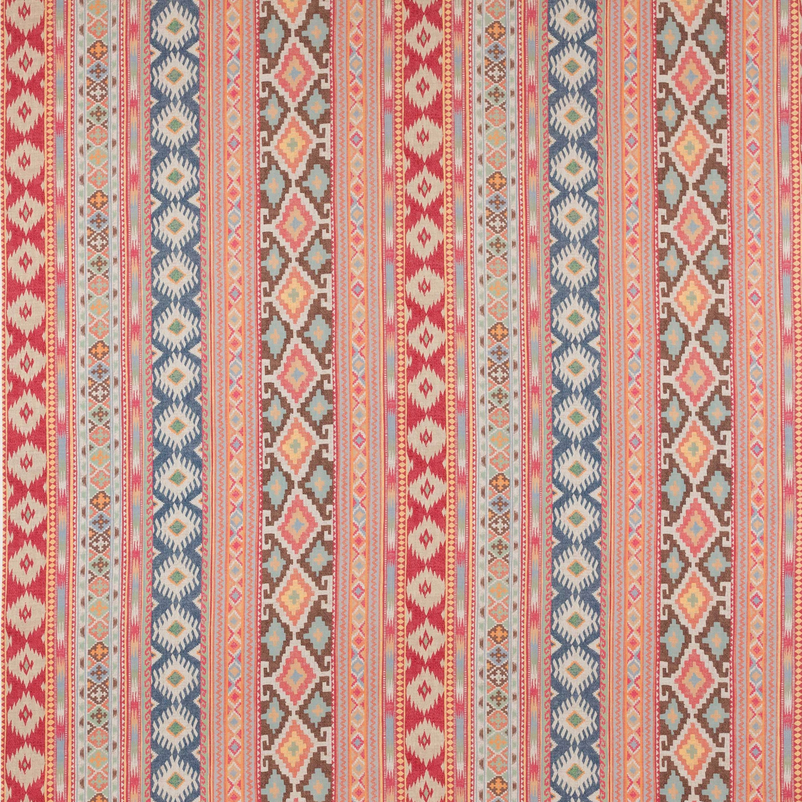 Red and sienna striped woven fabric with ikat diamond bands and narrow multicolour borders
