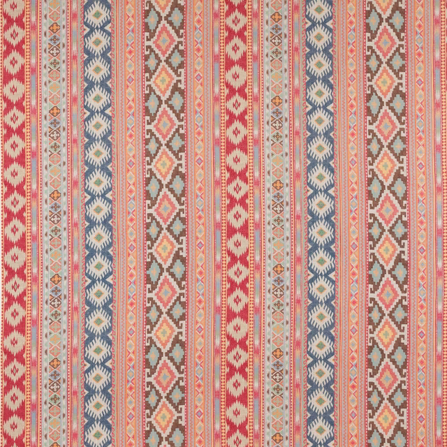 Red and sienna striped woven fabric with ikat diamond bands and narrow multicolour borders