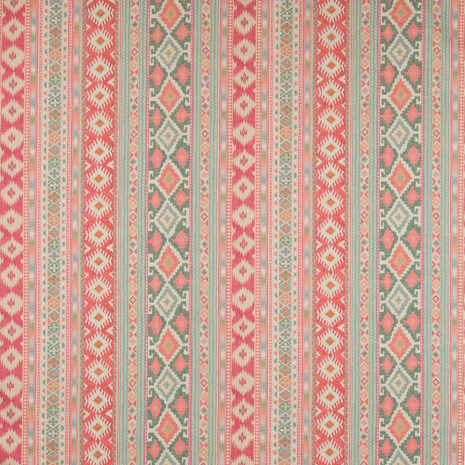 Vertical striped fabric in coral pink, sage green and cream geometric motifs