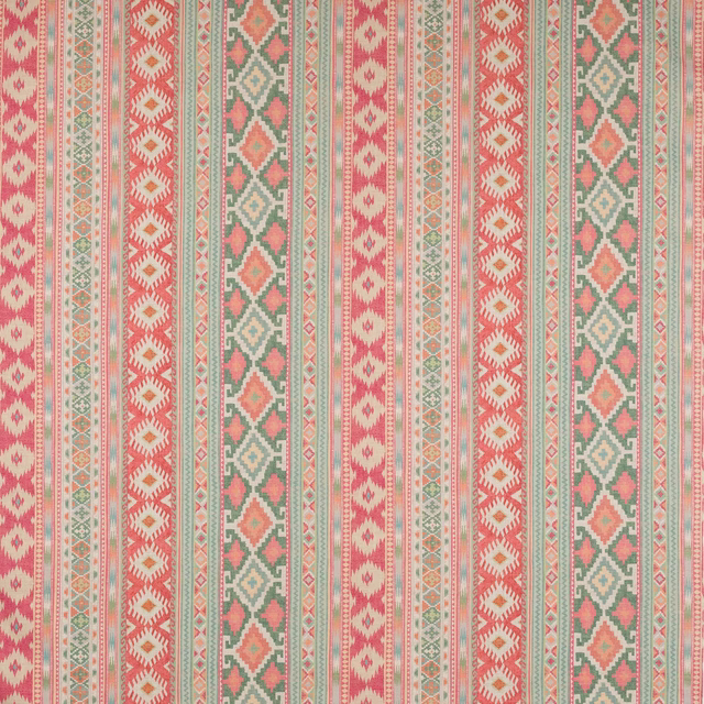 Vertical striped fabric in coral pink, sage green and cream geometric motifs