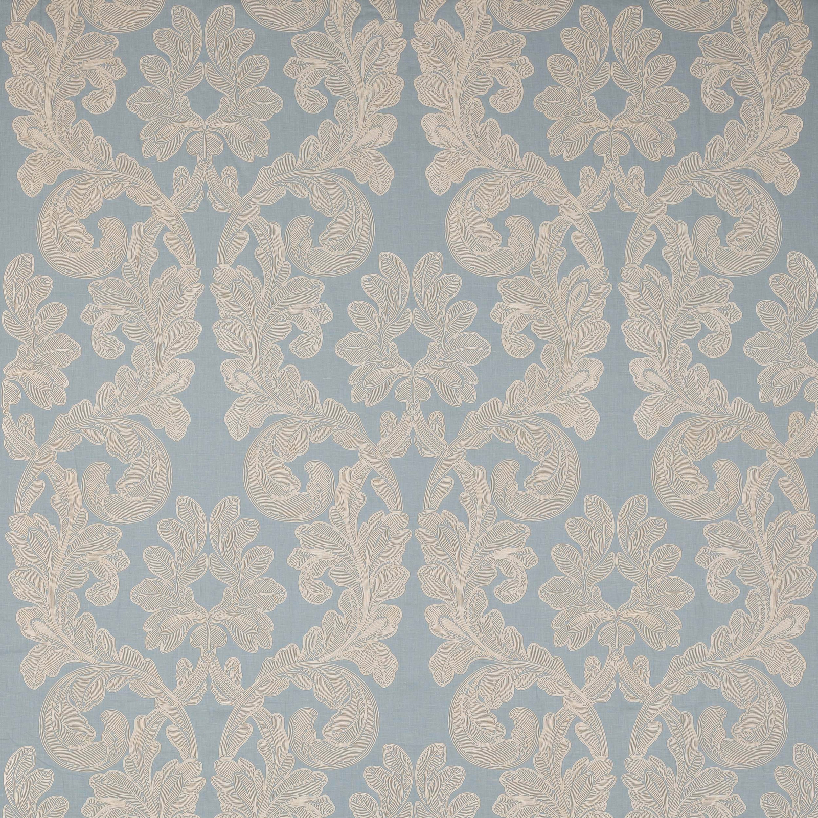 Pale blue damask fabric with large scrolling cream leaf motif