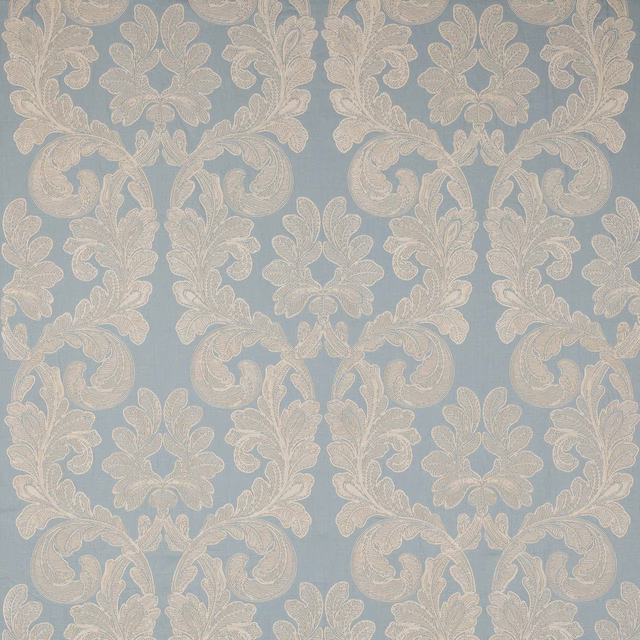 Pale blue damask fabric with large scrolling cream leaf motif