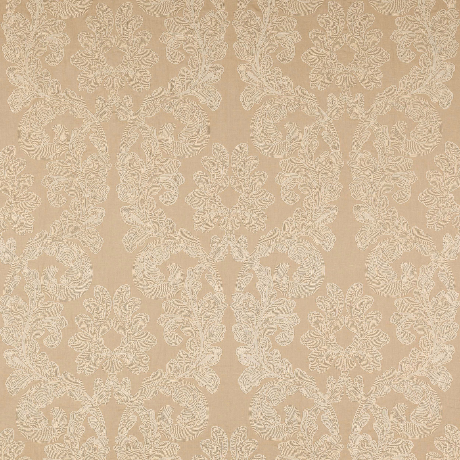 Soft warm gold damask fabric with scrolling leaf and floral motifs