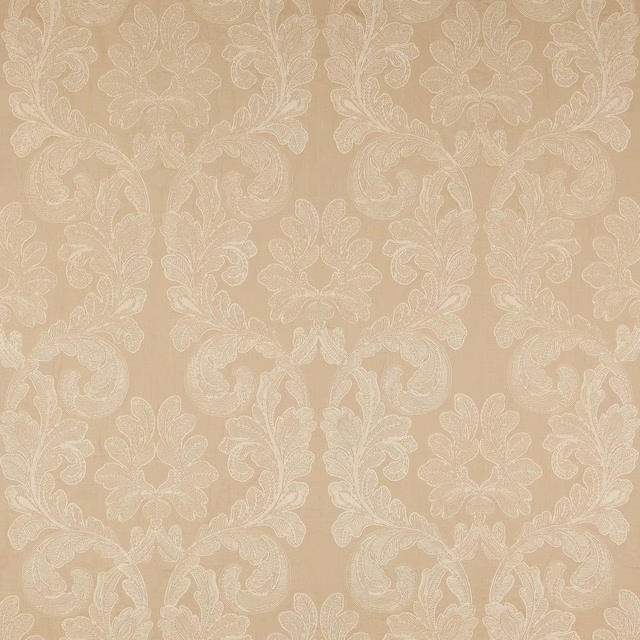 Soft warm gold damask fabric with scrolling leaf and floral motifs